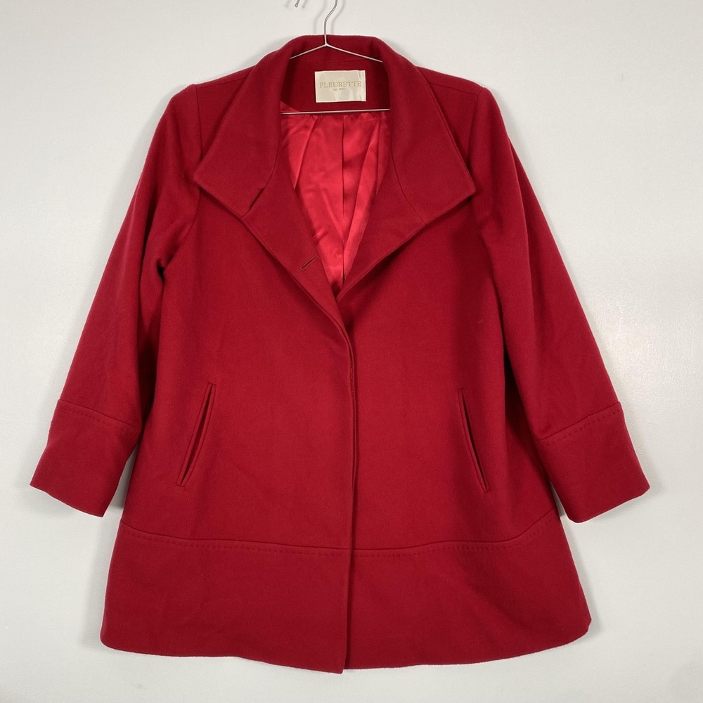 Fleurette Coat Womens 14 Red Wool Loro Piana Fabric Single‎ Breasted Made USA